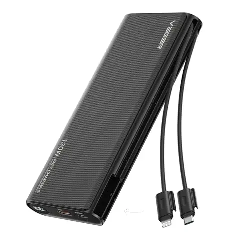 VEGER Power Bank 25000mAh, 130W, mit integriertem Kabel und USB C, kompatibel mit MacBook, Laptop, Tablet, iPhone und Samsung