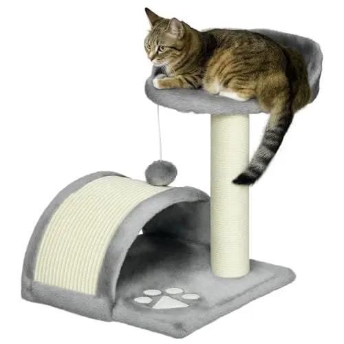 PawHut Kratzbaum 46 cm mit Höhle und Spielball für Katzen bis 4 kg, Grau