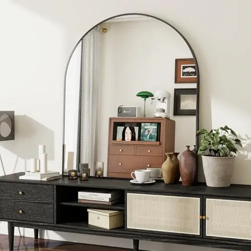 BEAUTYPEAK Bogen Wandspiegel Schwarz, 81x78 cm, Bruchsichere Aluminiumlegierung, Für Schlafzimmer und Bad