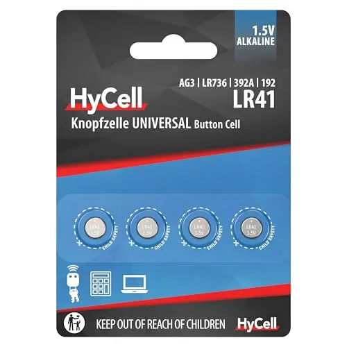 HyCell LR41 Alkaline Knopfzellen 1,5V, 4er Pack, für Taschenrechner, Spielzeug, Uhr