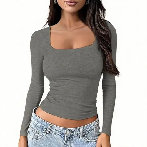 OOHOKAY Damen Langarmshirt U-Ausschnitt Slim Fit Crop Top - Dunkelgrau, XS