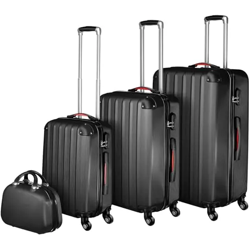 tectake 4-teiliges Kofferset - Hartschalenkoffer mit abnehmbaren Rollen und Sicherheits-Zahlenschloss, stapelbar und im Handgepäck geeignet