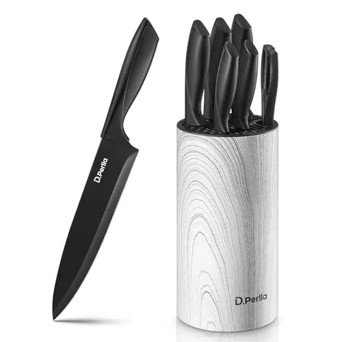 D.Perlla 7-teiliges Messerblock-Set mit ergonomischem Griff - Edelstahl Schwarz, vertikal und leicht zu reinigen