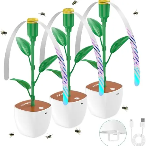JUTIMER 3er Set USB-C Fliegenwedler mit Schalter, Tischfliegenvertreiber in Blumenform mit grünen Blättern für Camping & Restaurants
