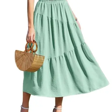 Zeagoo Maxi Rock Damen Sommerrock mit Taschen - Eleganter, leicht fließender Stufenrock in Hellgrün, Größe XL