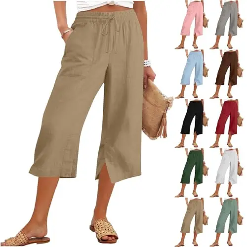 Damen Caprihose 3/4 Sommerhose mit elastischem Bund, praktischen Taschen und seitlichem Schlitz – Casual Stil für Urlaub und Strand