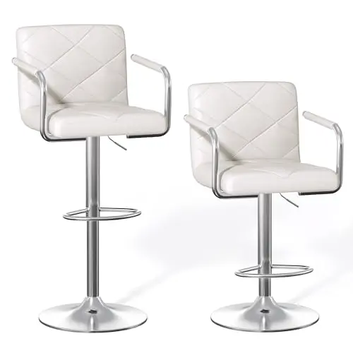 Bealife Barhocker Set von 2, höhenverstellbar, drehbar, Kunstleder, mit Rückenlehne und Fußstütze, für die Küche (Weiß)