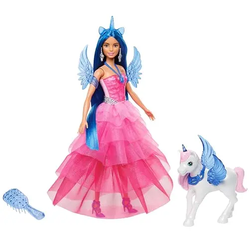 Barbie Ein verborgener Zauber - Puppe mit Einhorn, pinkes Kleid, Flügel und Schwanz, für Kinder ab 3 Jahre