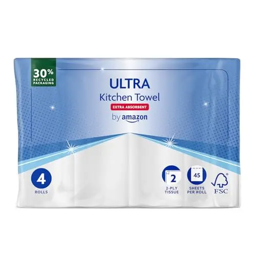 Amazon ULTRA Küchenrolle, extra saugfähig, 4 Rollen, 45 Blätter pro Rolle, FSC-zertifiziert