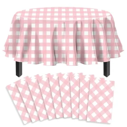 9 Stück Rosa Karierte Tischtücher für runde Tische - Wasserdicht, 213 x 213 cm - Ideal für Ostern, Picknick und Geburtstagsdekoration