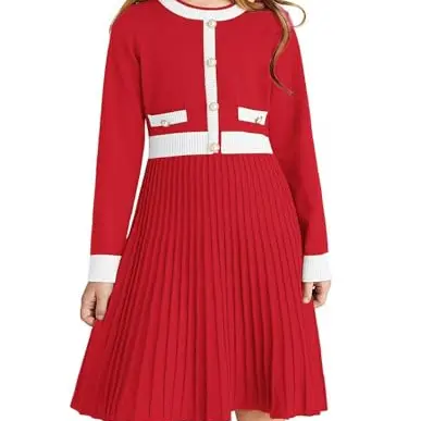 GRACE KARIN Mädchen Strickkleid Prinzessin Elegant Rundhals Festlich Rot 5-6 Jahre