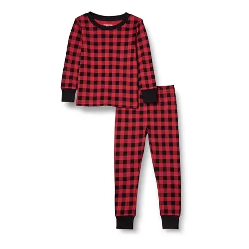 Amazon Essentials Unisex Kinder Schlafanzug, Kirschrot/Schwarz Buffalo-Karo, 3 Jahre