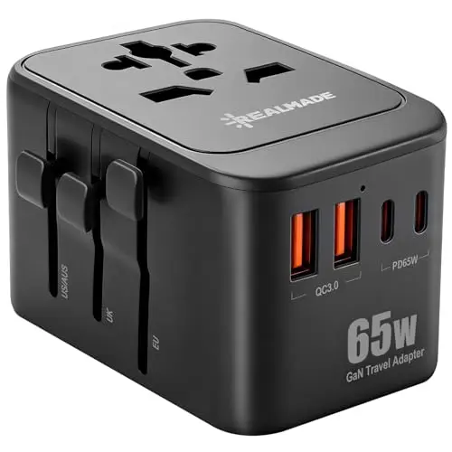 Realmade 65W Reiseadapter mit PD-Schnellladung, 5 Ports (1 Netz, 2 USB-A, 2 USB-C), Schwarz