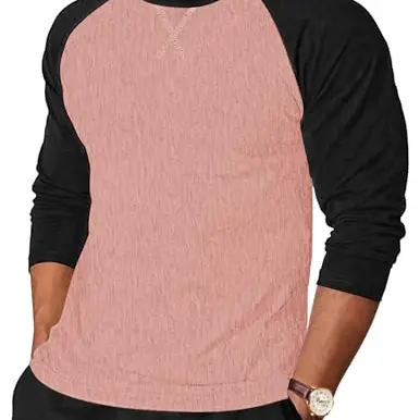 TARAINYA Herren Langarm T-Shirt Rundhals Basic in Rosa und Schwarz, 3XL