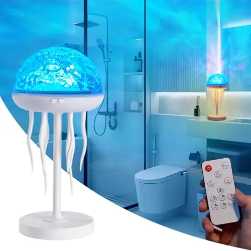 AmmToo Wasserwellen Ozean Projektor mit Sternenhimmel, 7 Farben LED Nachtlicht für Kinderzimmer, wiederaufladbar, mit Fernbedienung