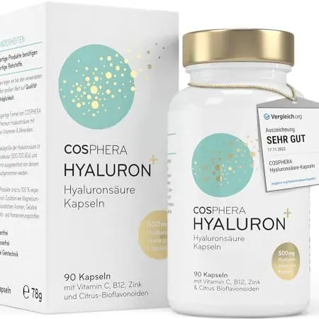 Hyaluronsäure Kapseln 500 mg - 90 vegane Kapseln für 3 Monate - Mit Zink für gesunde Haut und Knochen