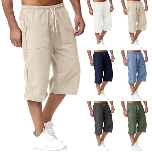 Herren Sommer Shorts, Leinen 3/4 Bermuda, Strand- und Casual-Hose