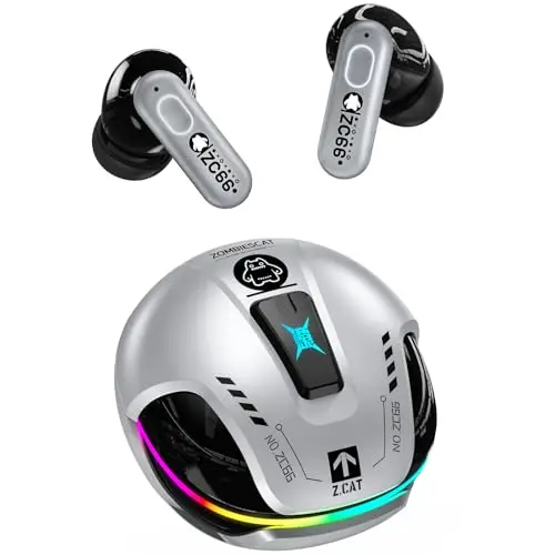 ZOMBIES CAT Bluetooth-Kopfhörer kabellos mit Noise Cancelling, RGB-Licht, Tiefen Bässe, In Ear Für Android & iOS, Silber