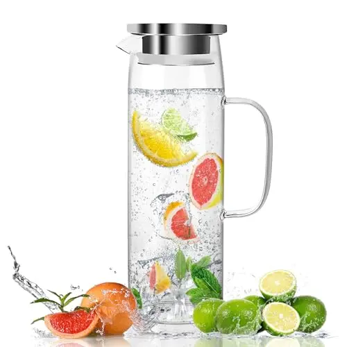 Glaskaraffe mit Deckel, 1,5 l, hitzebeständig, ideal für Wasser, Saft, Tee und Milch