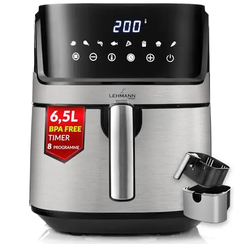 LEHMANN Heißluftfritteuse XL 6,5L, 8 Programme, Digitales Display, Air Fryer ohne Öl für die Familie