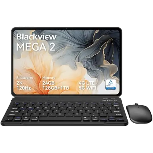 Blackview Mega2 12 Zoll Android Tablet mit 24GB RAM, 128GB Speicher, 120Hz Display, 4G LTE, 9000mAh Akku, Face ID & Dual Kamera, Grau