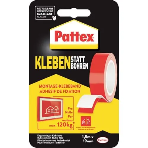 Pattex Doppelseitiges Klebeband, extra stark für Montagearbeiten, 19mm x 1,5m
