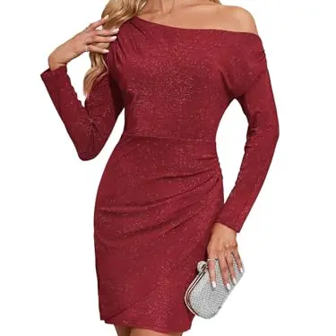 Kate Kasin Damen Cocktail Kleid Schulterfrei Mini Kleid Burgunderrot