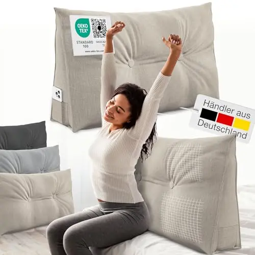 ELONEO Rückenkissen 70 cm, dreieckiges Lesekissen für Bett und Sofa, mit abnehmbarem Bezug und praktischen Seitenfach