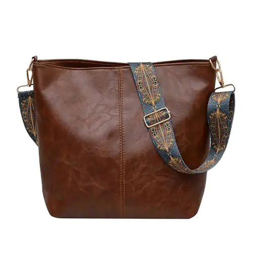Namenand Umhängetasche Damen - Große Leder Crossbody Bag mit Breitem Gurt - Braun