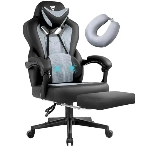 Vigosit Gaming Stuhl PRO - Ergonomischer Gaming Sessel mit Fußstütze und Sitzkissen (Hellgrau)