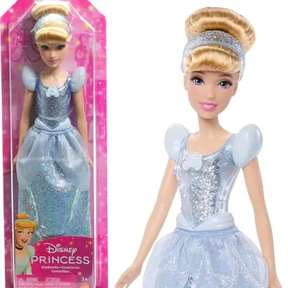 Mattel Disney Cinderella Puppe mit glitzerndem Kleid, abnehmbaren Schuhen und Diadem, frisierspaß für Kinder ab 3 Jahre