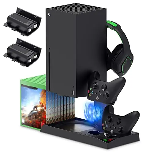 FYOUNG Ständer für Xbox Series X mit Kühler und Controller-Ladestation, inklusive 1400mAh Akku (nicht für Xbox One)
