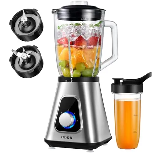 GDOR 1200W Standmixer mit 1,5L Glaskrug & 650ml Reisebecher – Hochleistungsmixer für Smoothies, Shakes & gefrorene Getränke