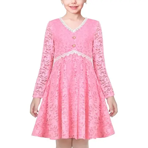 Sunny Fashion Mädchen Kleid Rosa Spitze Prinzessin V-Ausschnitt für Hochzeit & Party, Langarm, Größe 122