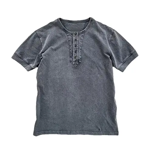 Herren Henley T-Shirt Kurzarm, Vintage Style, Dunkelgrau, Größe S