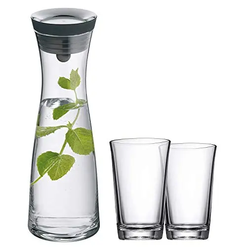 WMF Basic Wasserkaraffe Set 1l mit 2 Gläsern 250ml, Glaskaraffe mit Silikondeckel
