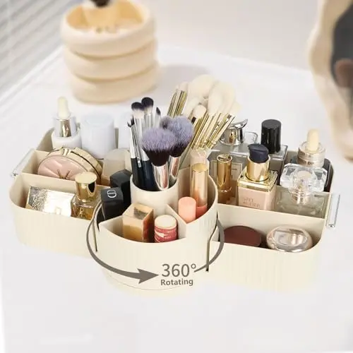 Cinnani Kosmetik Organizer 360° drehbar, 2-in-1 mit großem Fassungsvermögen für Schminktisch und Bad (Beige)