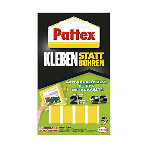 Pattex Kleben statt Bohren - Doppelseitige Klebe-Strips, stark und ablösbar, 10 Streifen (20 x 40 mm)