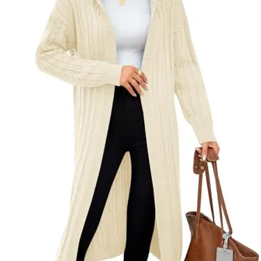 Fisoew Damen Strickjacke Lang mit Kapuze Oversized Cardigan Weiß, Größe L