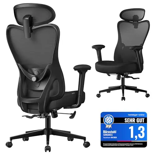 SONGMICS Bürostuhl ergonomisch, höhenverstellbar, mit Lenden- und Kopfstütze, bis 150 kg, tintenschwarz