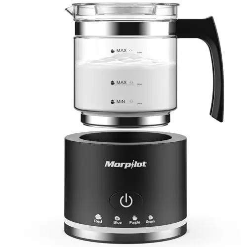 Morpilot Elektrischer Milchaufschäumer, 4 in 1 für heiße und kalte Getränke, 600W, 500ml, spülmaschinenfest, visuelles Glas, Schwarz