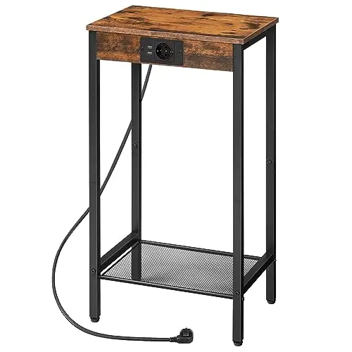 HOOBRO Beistelltisch mit Ladestation, Telefontisch für Wohnzimmer und Schlafzimmer, Vintagebraun und Schwarz
