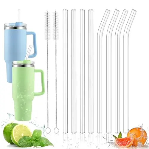 KUOFANY 10er Set Glas-Strohhalme für Stanley Tumbler - 30cm, 4 gebogen & 4 gerade, inkl. 2 Reinigungsbürsten