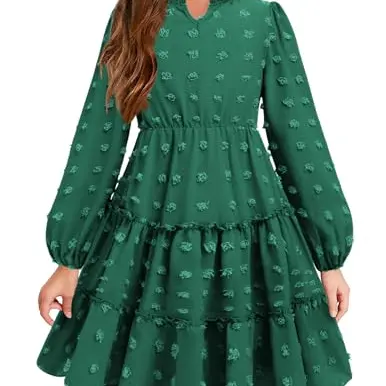 Arshiner Mädchen Langarmkleid V-Ausschnitt A-Linie Festlich Grün 110/5-6 Jahre