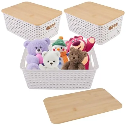 BORDEAG Aufbewahrungsbox Set: 3 Stapelbare Kunststoffkörbe mit Bambusdeckel für Büro und Kleiderschrank (Weiß)