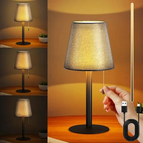 Dimmbare LED Tischleuchte mit Retro Stoffschirm – Warmweiß, 3 Helligkeitsstufen, für Wohnzimmer und Schlafzimmer