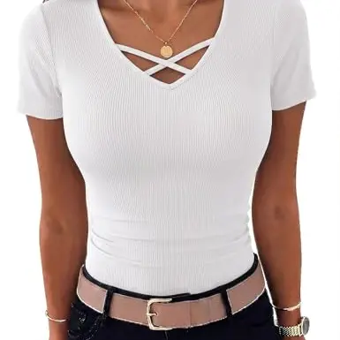 Aottori Basic T-Shirt Damen V-Ausschnitt, Gerippt, Kurzarm, Figurbetont, Weiß, M