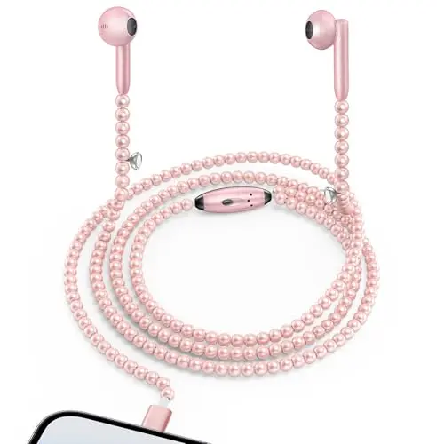 Coolden In-Ear Kopfhörer für iPhone - Rosa Perlen mit Mikrofon und Lautstärkeregler