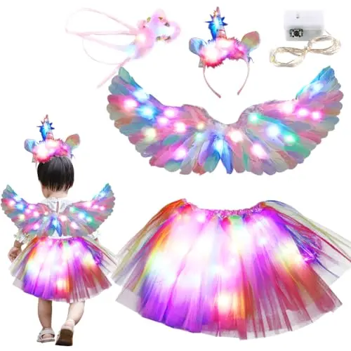 DASIAUTOEM LED Prinzessin Kleid für Mädchen, 4-teiliges Kostüm mit Tüllrock und Engelsflügeln für Kostümpartys