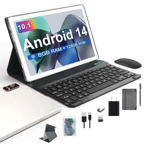 10 Zoll Android 14 Tablet PC mit 5G WiFi, 8GB RAM, 128GB ROM, Octa-Core, 7000mAh, mit Tastatur und Hülle, Silber